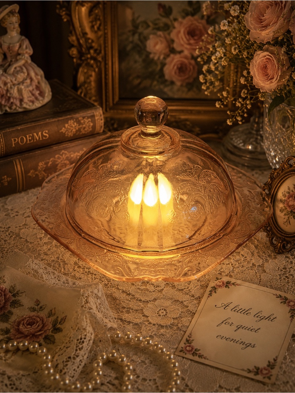 Vintage Pink Depression Glass Fairy Lamp | Etched Floral Lidded Dish